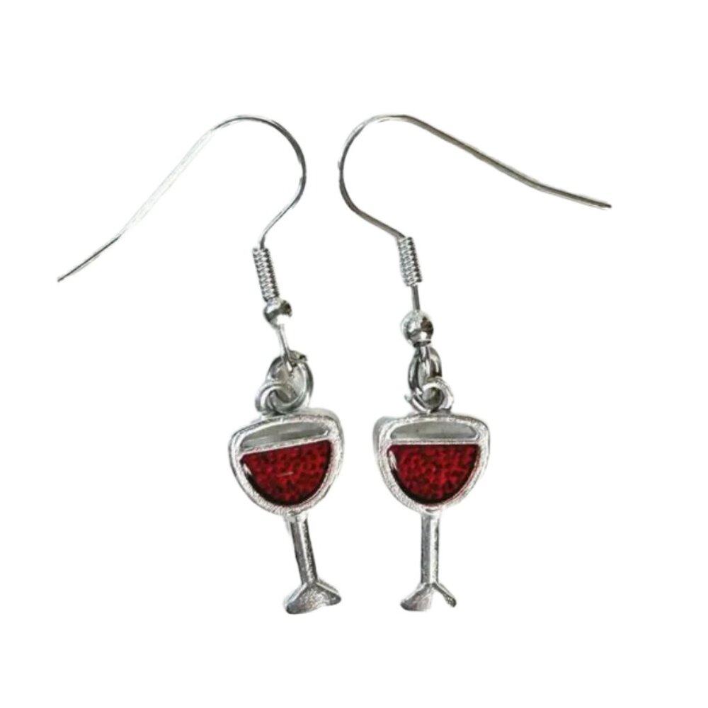 Happy Hour Glass of Red Wine Dangle Earrings Enamel Silver French Hooks NEW